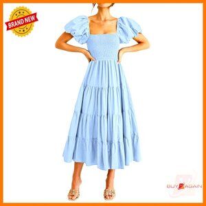Summer Midi Dress Puffy Sleeve Square Neck Smocked Tiered Ruffle Fit Flare